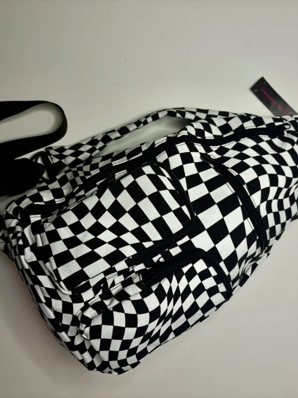 No Boundaries Checkerboard Sling Backpack Black White Cargo Crossbody Bag NWT De